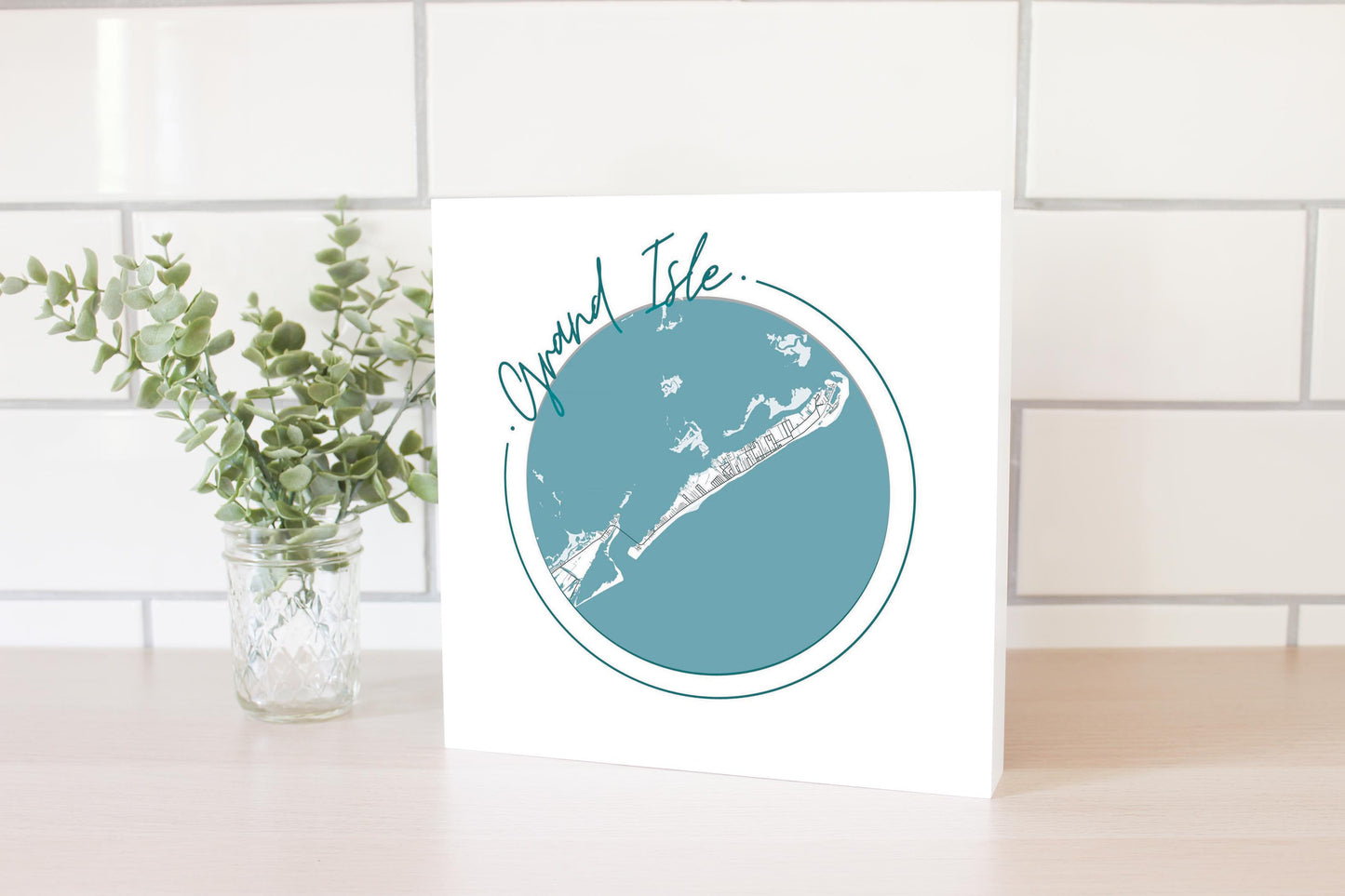 Blue White Grand Isle Circle Map | Wood Block | Eaches | Min 2