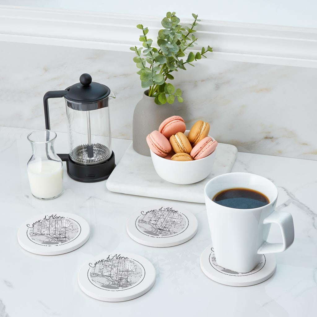 Minimalist B&W Idaho Coeur Dalene Circle Map | Absorbent Coasters | Set of 4 | Min 2