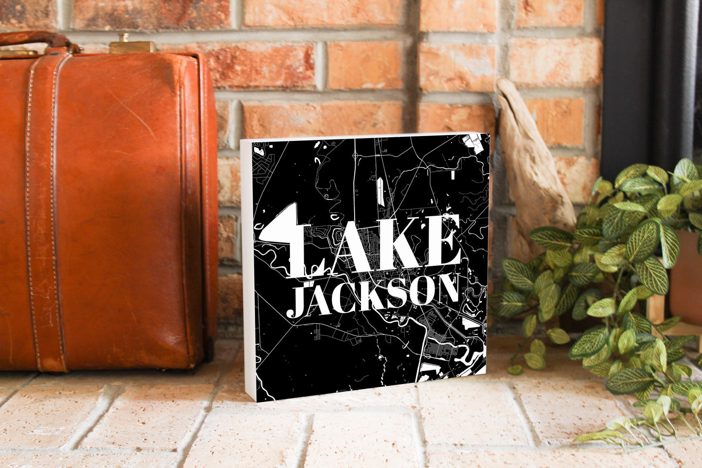 Minimalistic B&W Texas Lake Jackson Map | Wood Block | Eaches | Min 2