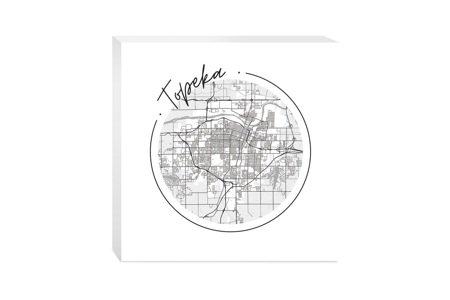 Minimalist B&W Kansas Topeka Circle Map | Wood Block | Eaches | Min 2