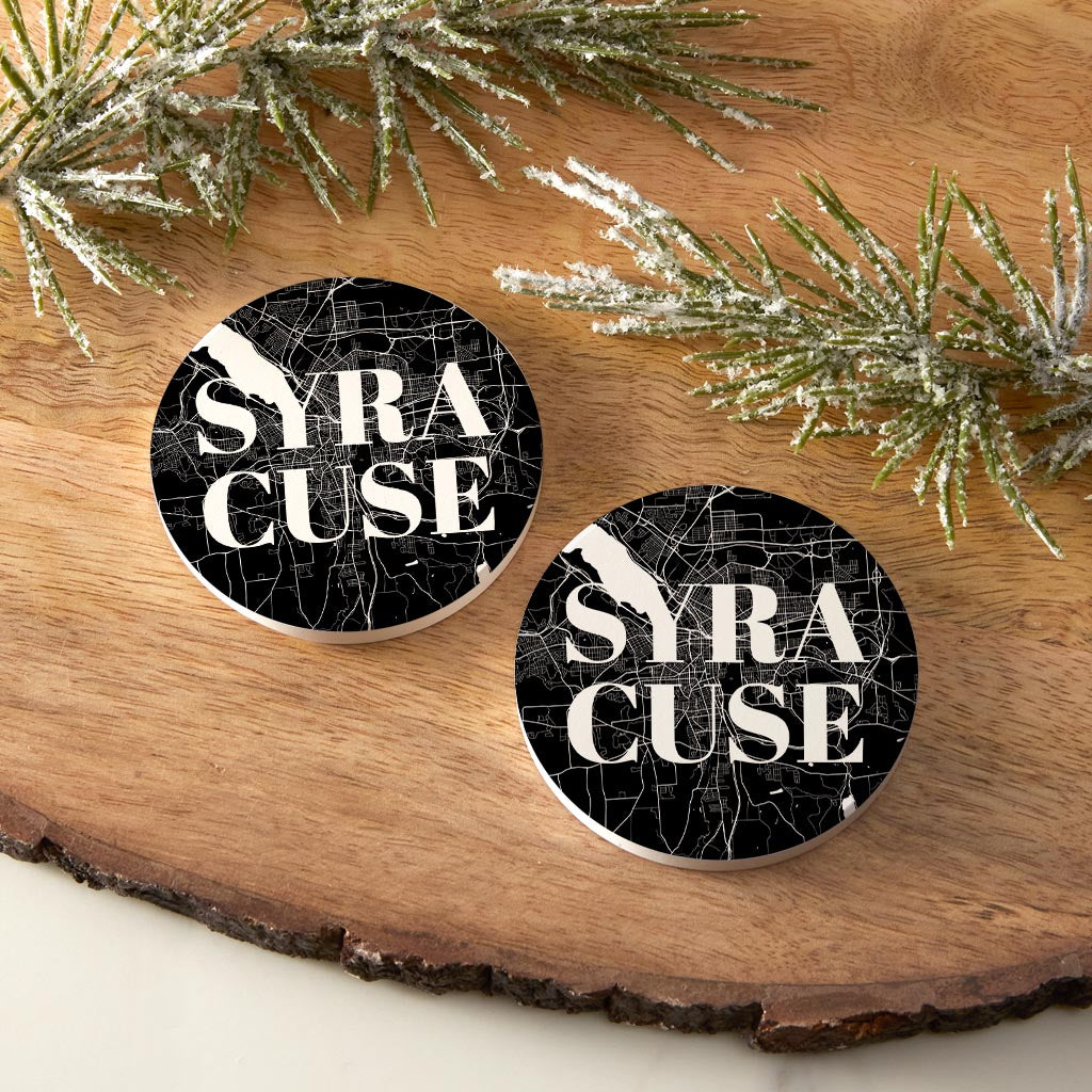 Minimalistic B&W New York Syracuse Map | Absorbent Car Coasters | Set of 2 | Min 4