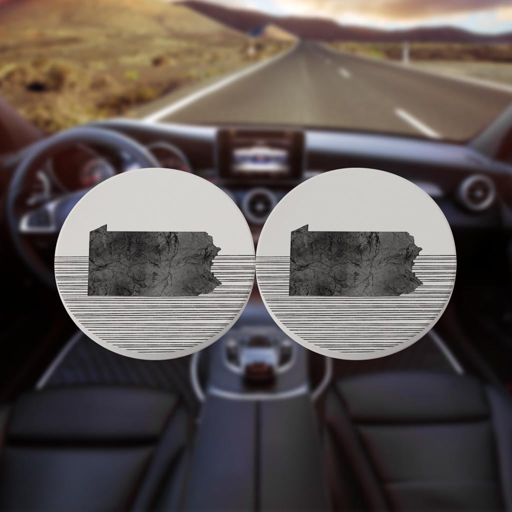 Minimalistic B&W Pennsylvania Shape Straight Lines | Absorbent Car Coasters | Set of 2 | Min 4