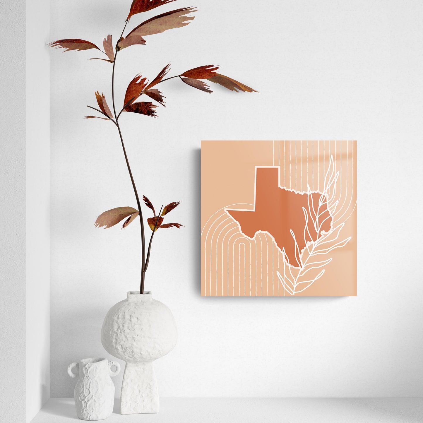 Modern Minimalist Texas State Shape With Leaf | Hi-Def Glass Art | Eaches | Min 2