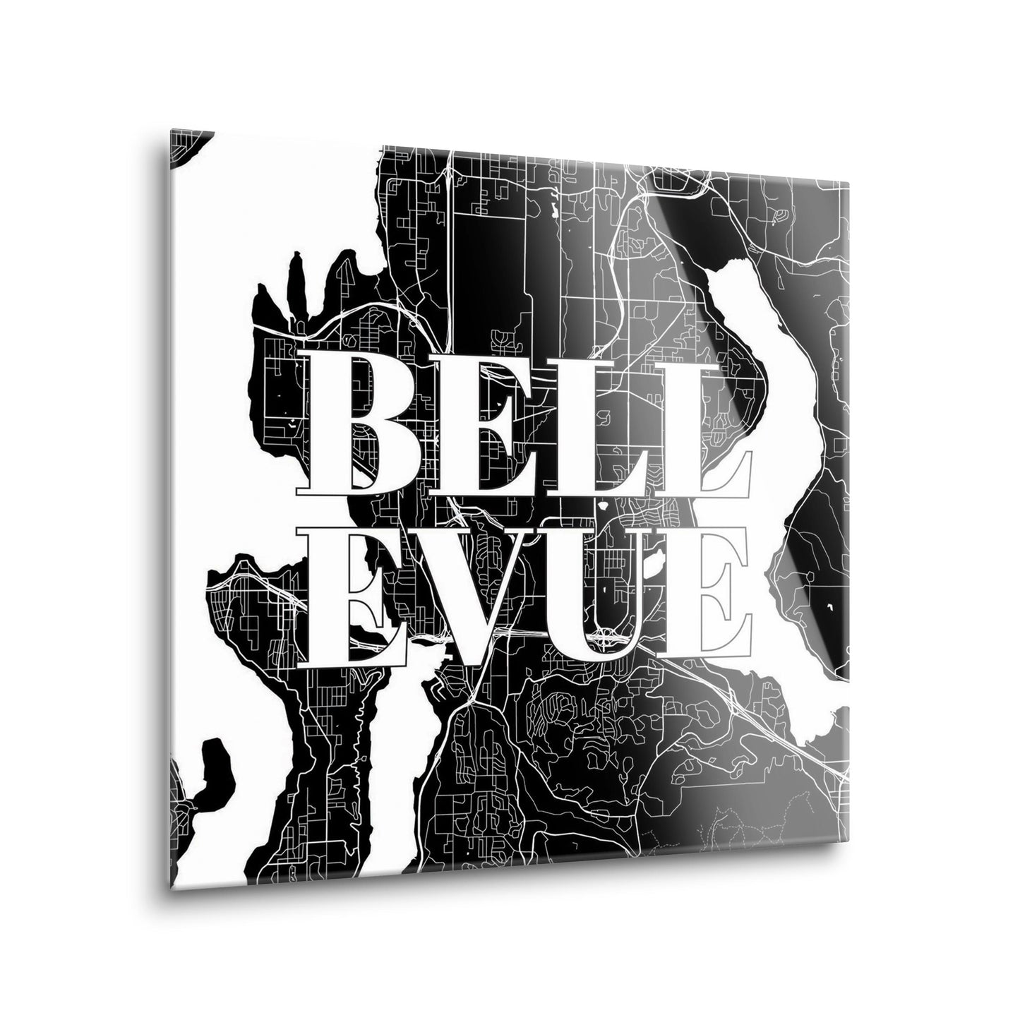 Minimalistic B&W Washington Bellevue Map | Hi-Def Glass Art | Eaches | Min 2