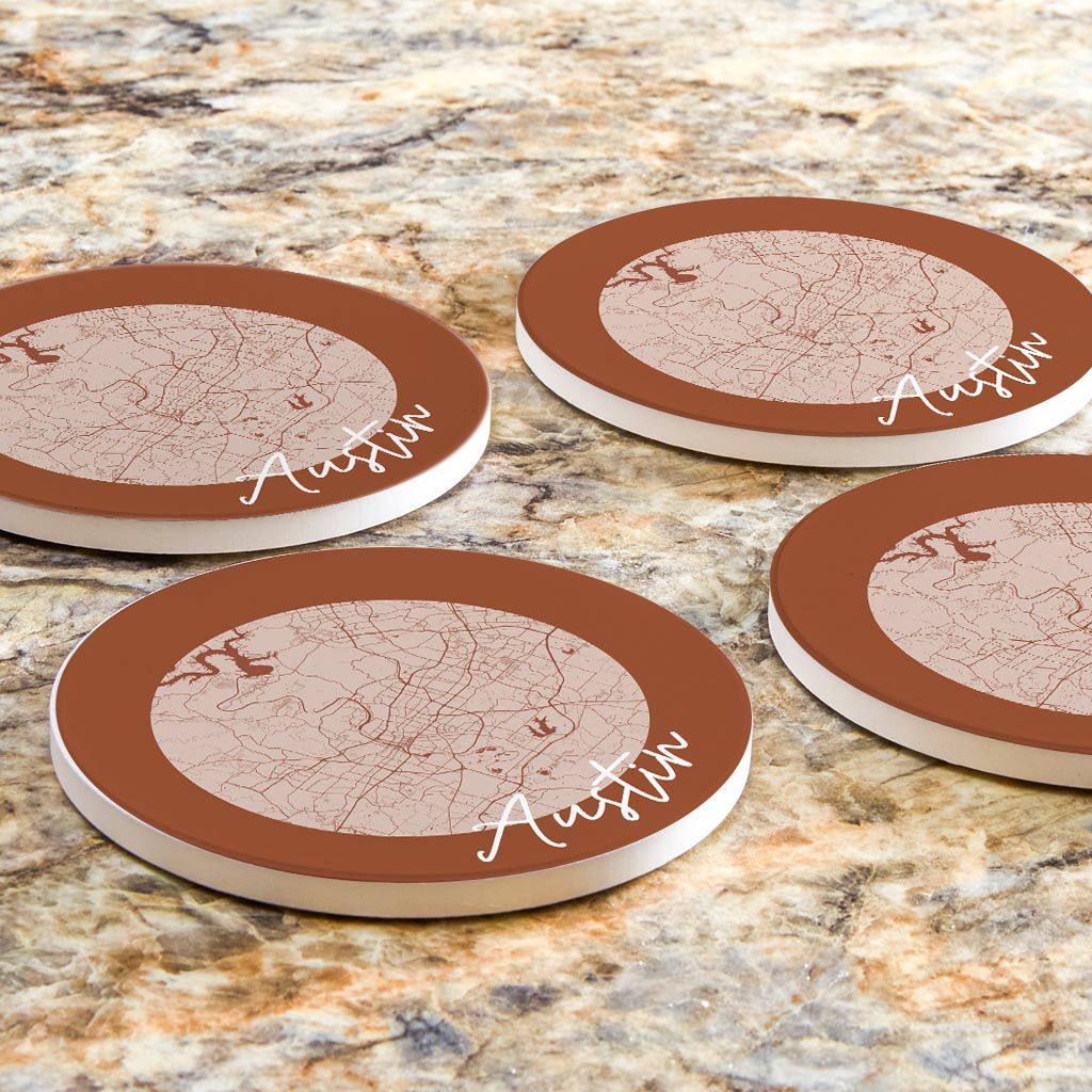 Modern Minimalist Texas Austin Circle Map | Absorbent Coasters | Set of 4 | Min 2