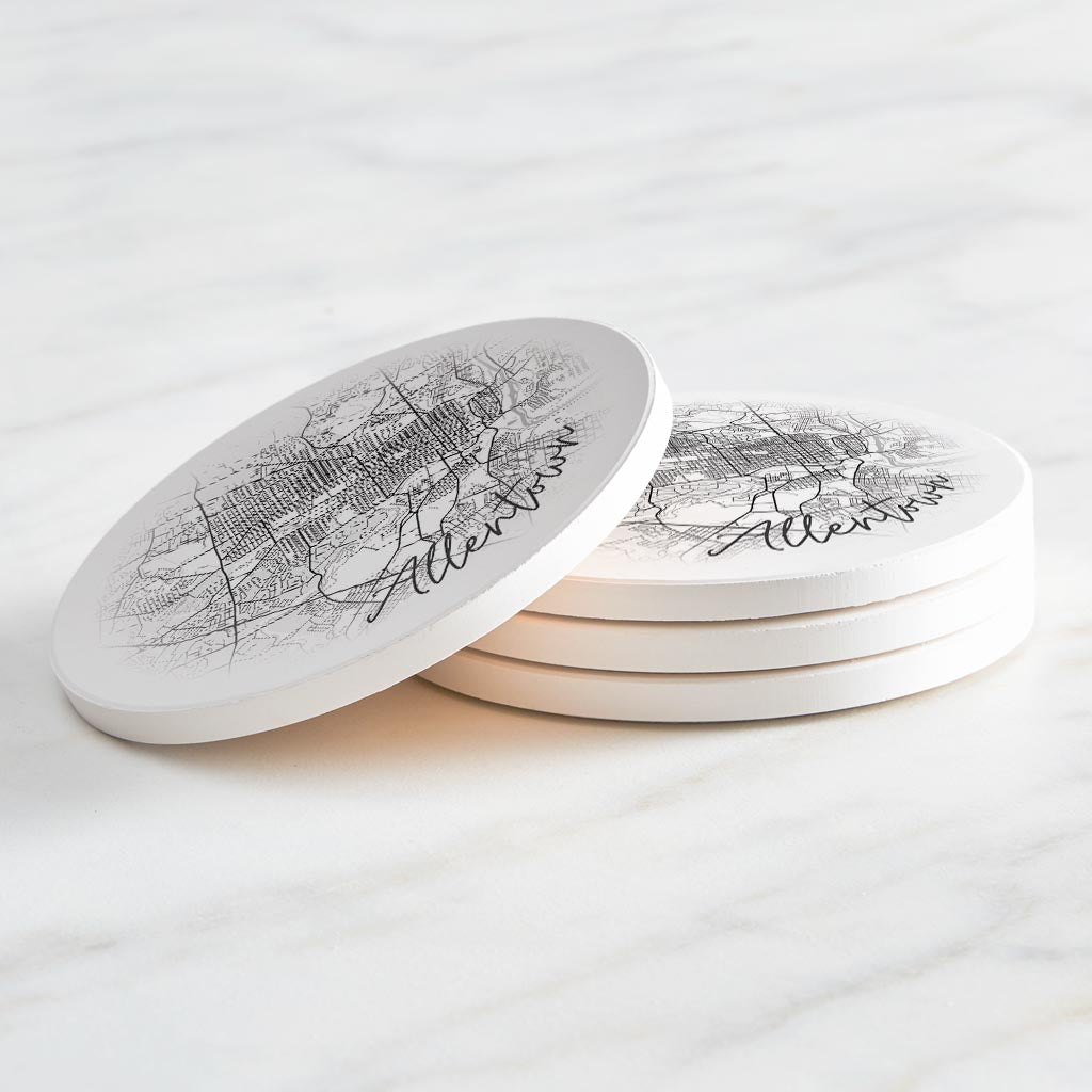 Minimalistic B&W Pennsylvania Allentown Circle Map | Absorbent Coasters | Set of 4 | Min 2