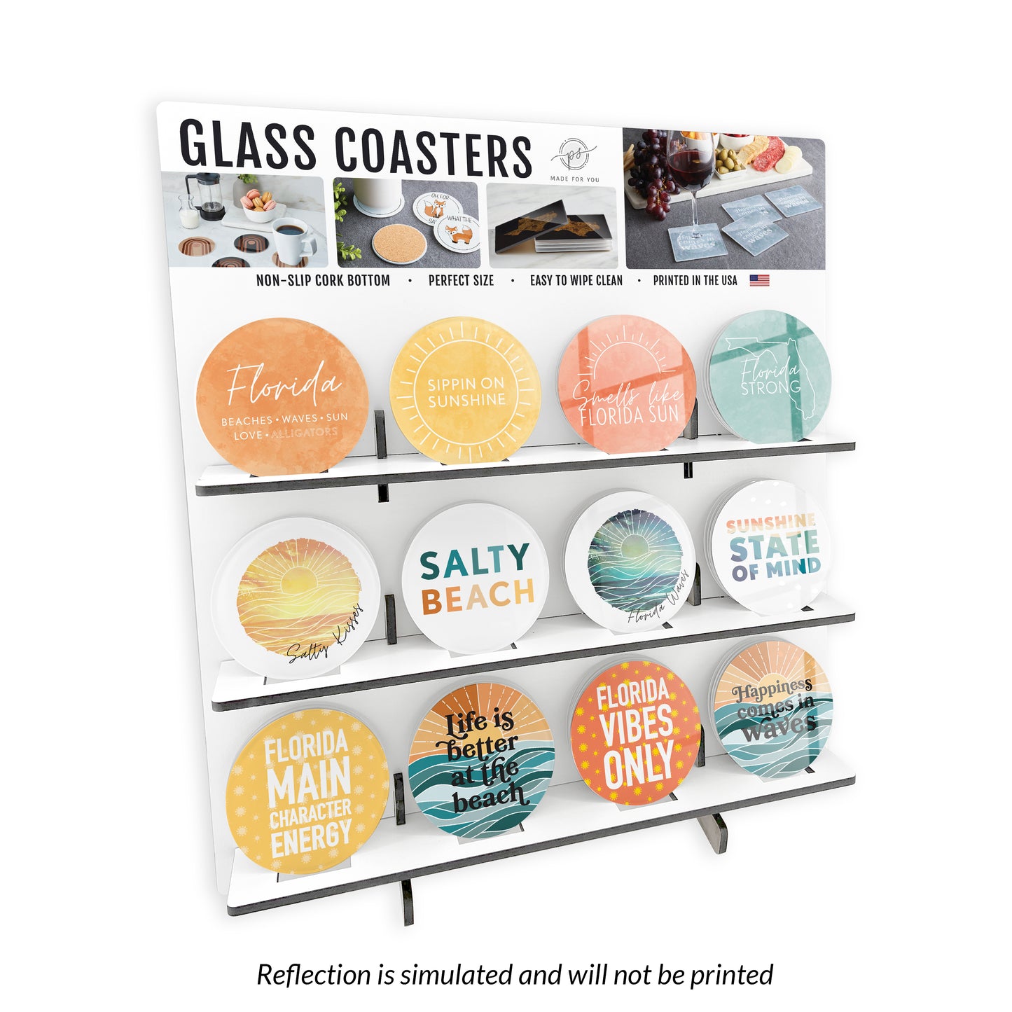 Florida 1 Theme Circle Glass Coaster Loaded Display POP Min of 1