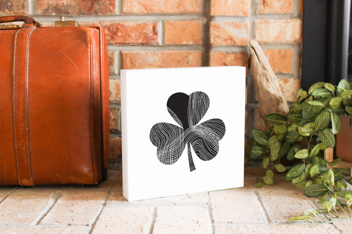 Minimalistic B&W Shamrock Shape Fluid Lines | Wood Block | Eaches | Min 2