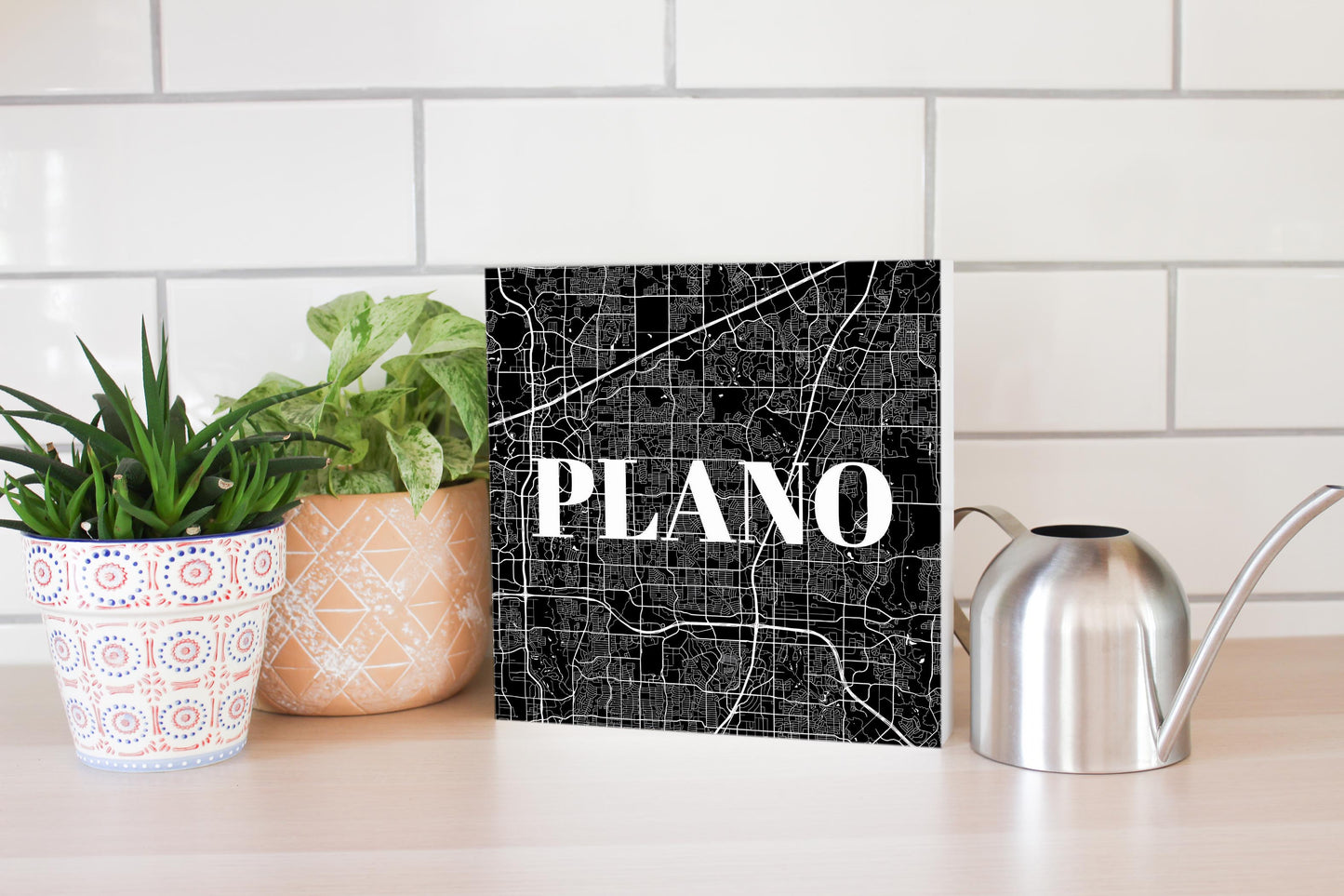 Minimalistic B&W Texas Plano Map | Wood Block | Eaches | Min 2