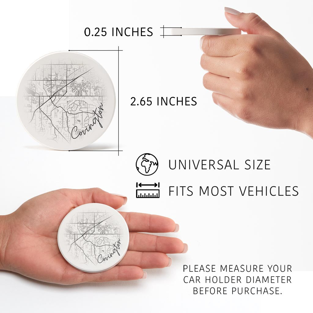 Minimalistic B&W Washington Covington Circle Map | Absorbent Car Coasters | Set of 2 | Min 4