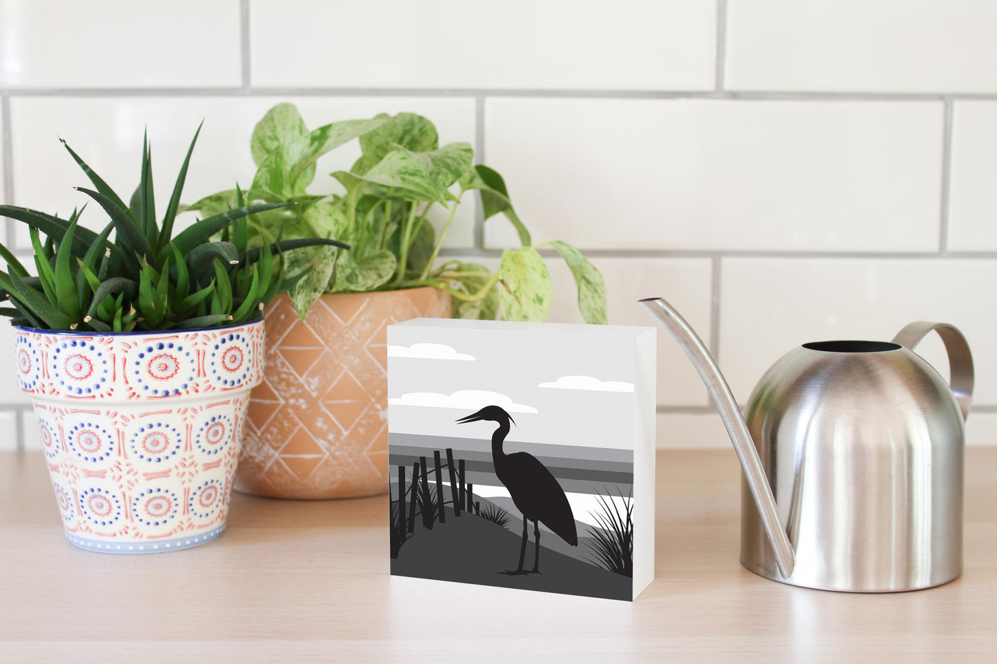 Minimalistic B&W Cape Cod Heron Illustration | Wood Block | Eaches | Min 4