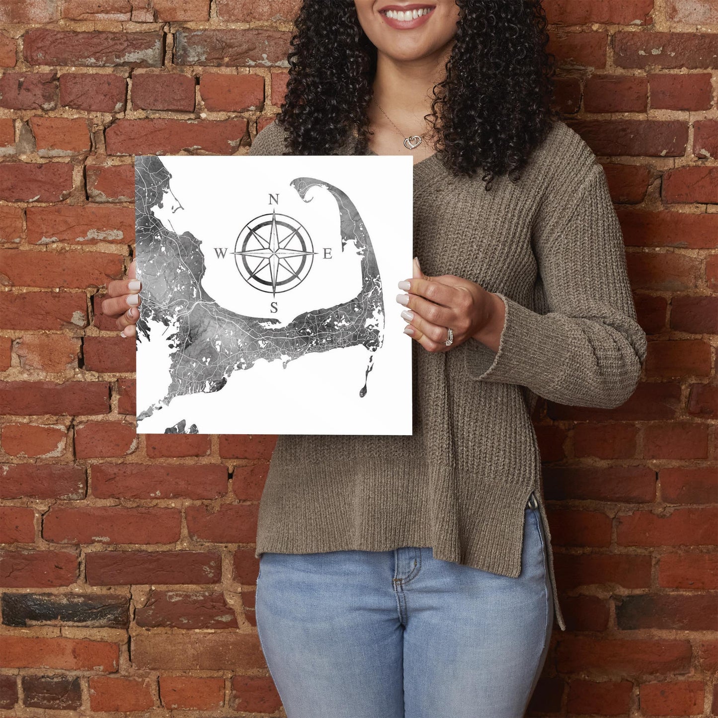 Minimalistic B&W Cape Cod Map With Compass | Hi-Def Glass Art | Eaches | Min 1