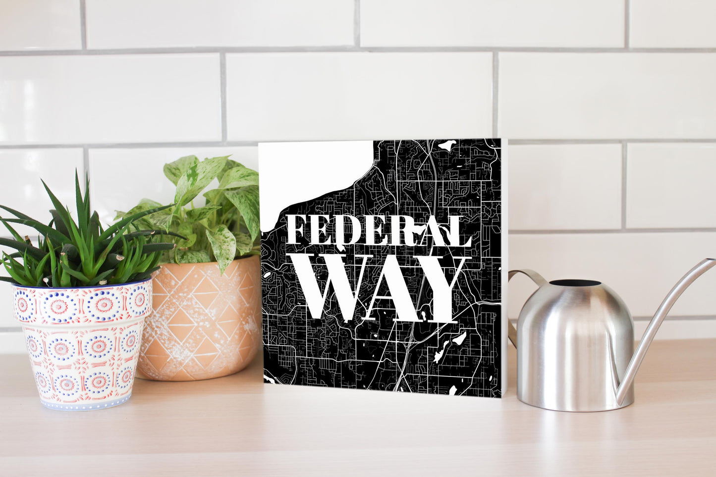 Minimalistic B&W Washington Federal Way Map | Wood Block | Eaches | Min 2