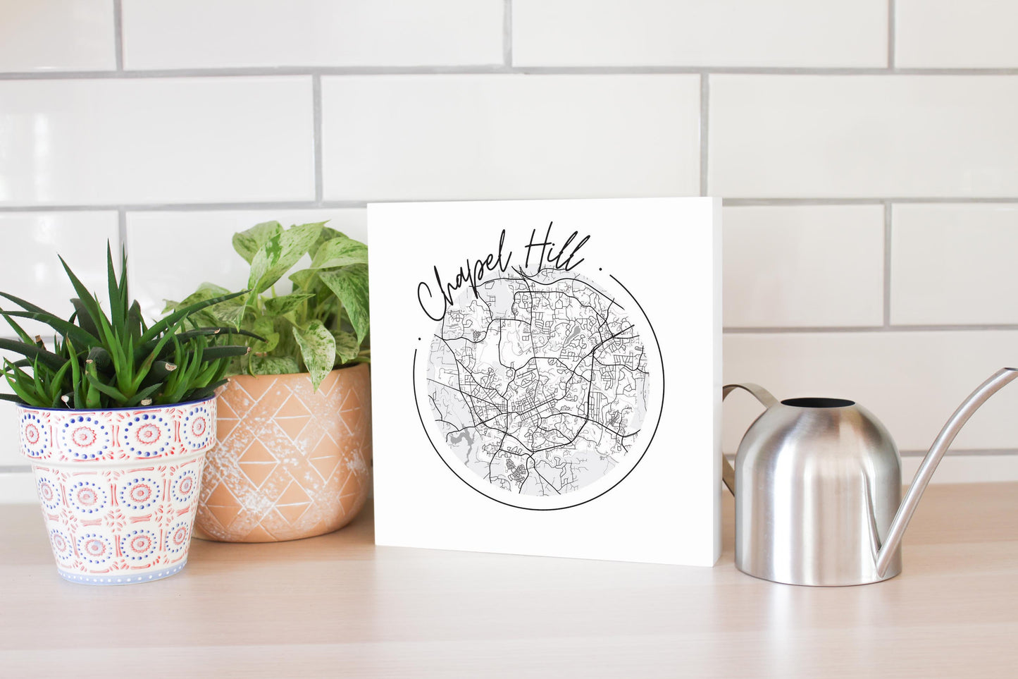 Minimalistic B&W North Carolina Chapel Hill Circle Map | Wood Block | Eaches | Min 2