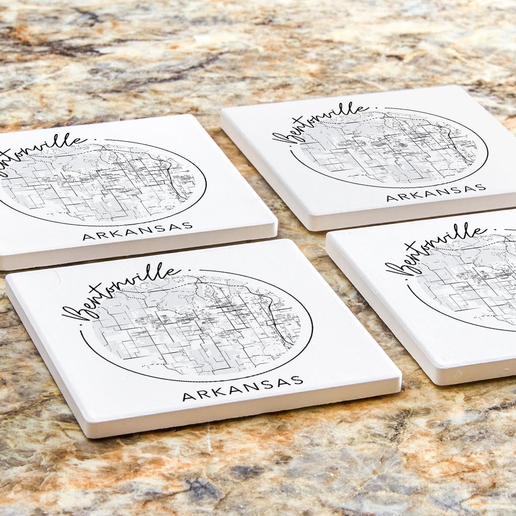Minimalist B&W Arkansas Bentonville Circle Map State | Absorbent Coasters | Set of 4 | Min 2