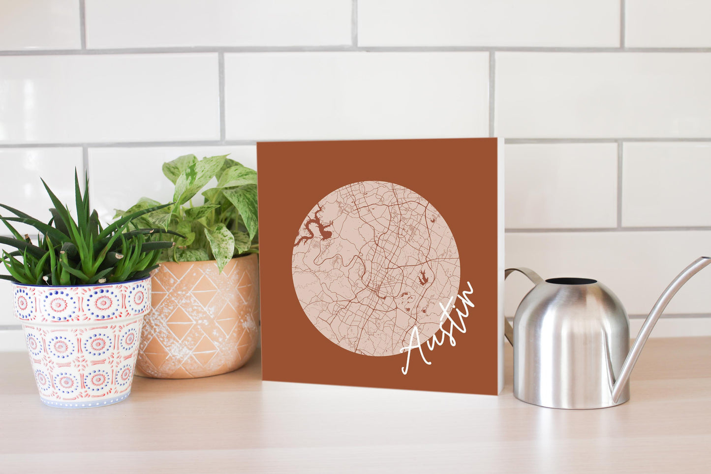 Modern Minimalist Texas Austin Circle Map | Wood Block | Eaches | Min 2
