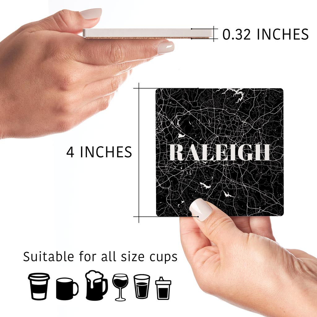 Minimalistic B&W North Carolina Raleigh Map | Absorbent Coasters | Set of 4 | Min 2