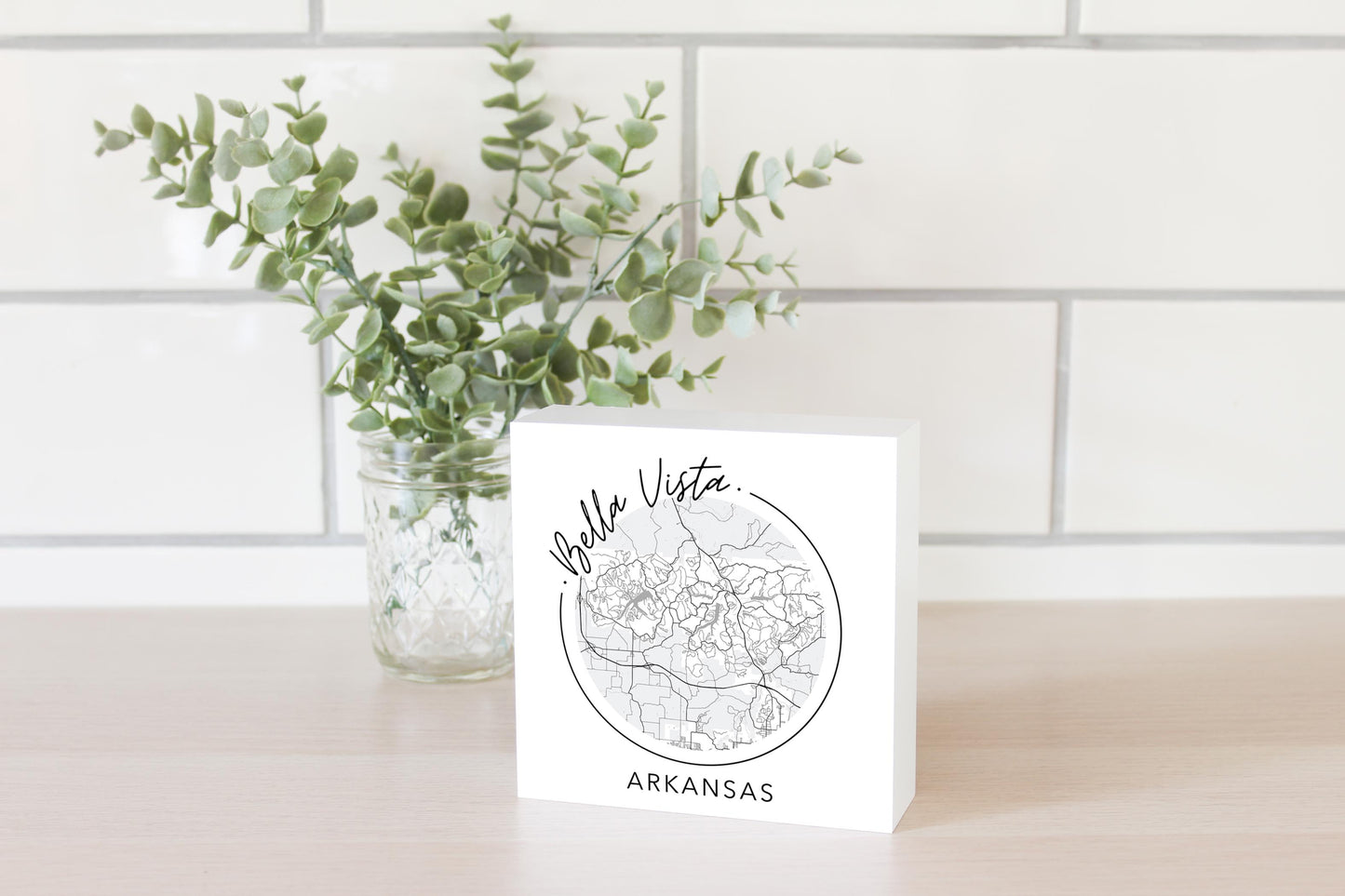Minimalist B&W Arkansas Bella Vista Circle Map State | Wood Block | Eaches | Min 4