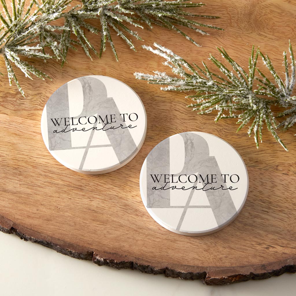 Minimalistic B&W Pennsylvania Adventure Quip | Absorbent Car Coasters | Set of 2 | Min 4