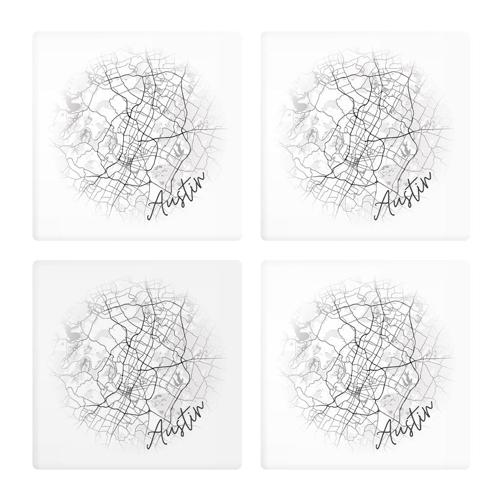 Minimalistic B&W Texas Austin Circle Map| Absorbent Coasters | Set of 4 | Min 2