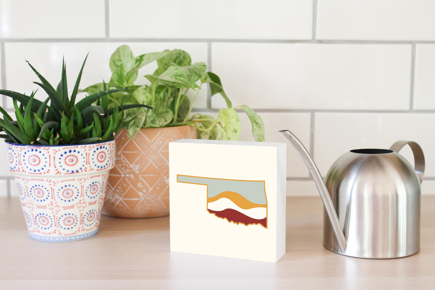 Modern Minimalist Oklahoma Cream Retro State Shape With Hills | Wood Block | Eaches | Min 4