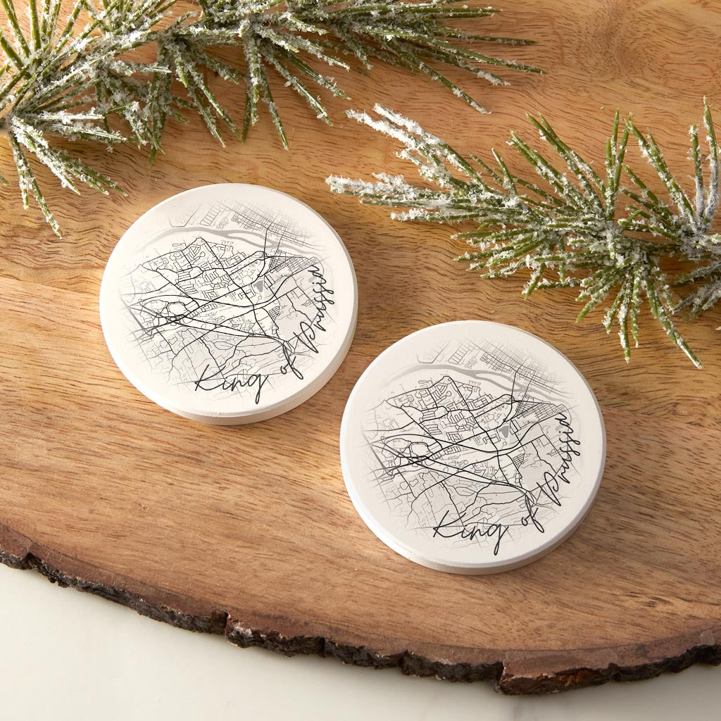 Minimalistic B&W Pennsylvania King Of Prussia Circle Map | Absorbent Car Coasters | Set of 2 | Min 4