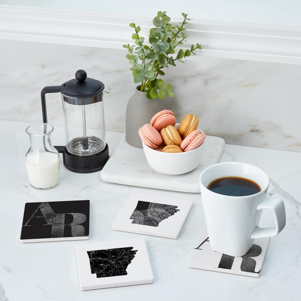B&W Minimalist Arkansas Initials And State Shapes | Absorbent Coasters | Set of 4 | Min 2