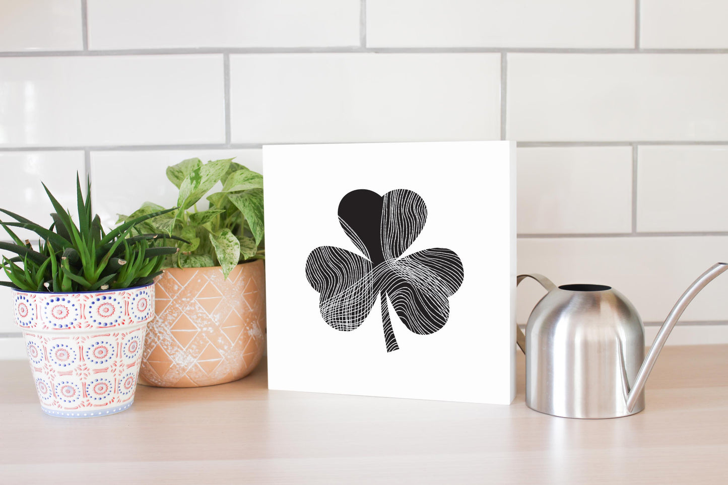 Minimalistic B&W Shamrock Shape Fluid Lines | Wood Block | Eaches | Min 2