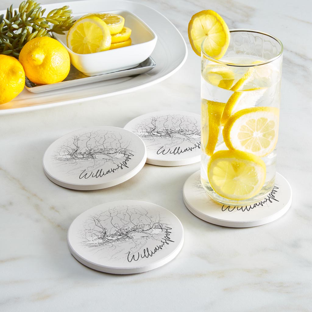 Minimalistic B&W Pennsylvania Williamsport Circle Map | Absorbent Coasters | Set of 4 | Min 2
