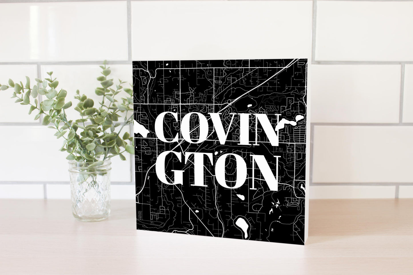 Minimalistic B&W Washington Covington Map | Wood Block | Eaches | Min 2