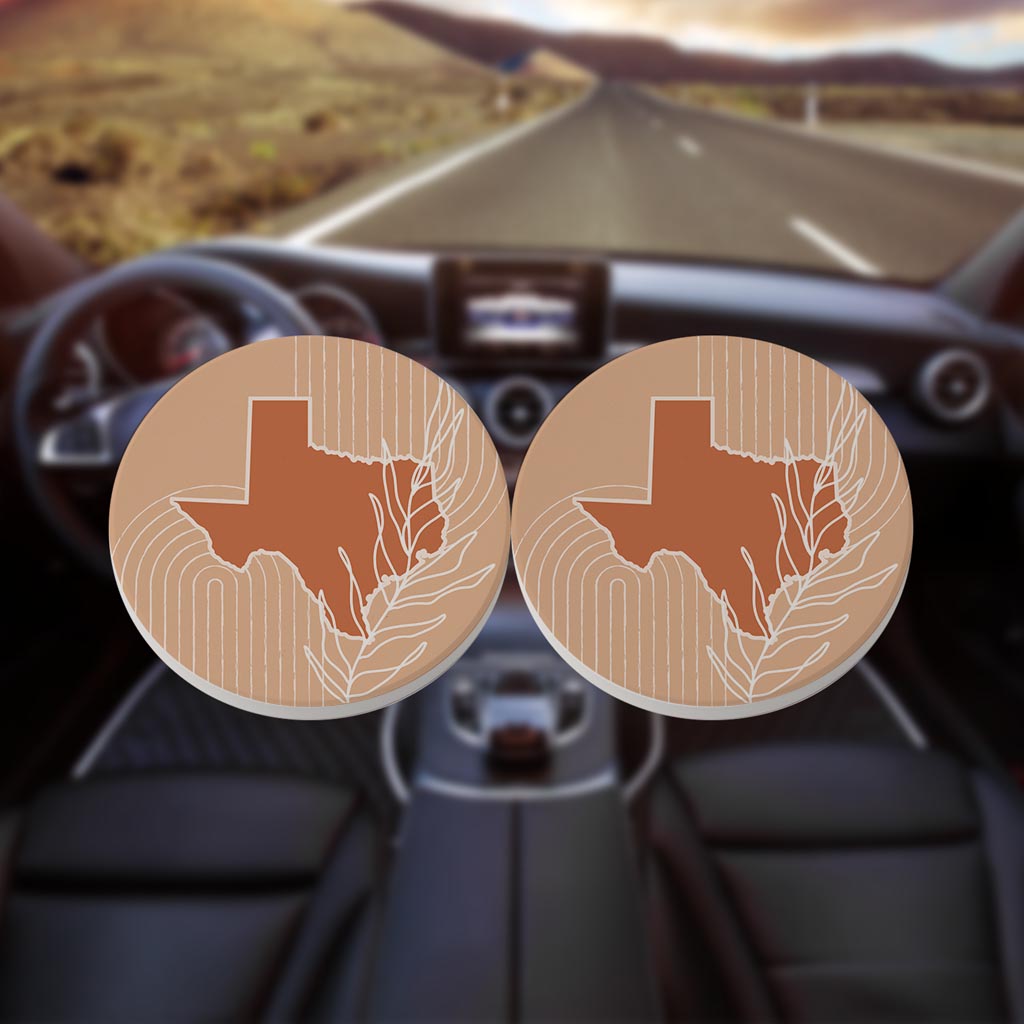 Modern Minimalist Texas State Shape With Leaf | Absorbent Car Coasters | Set of 2 | Min 4
