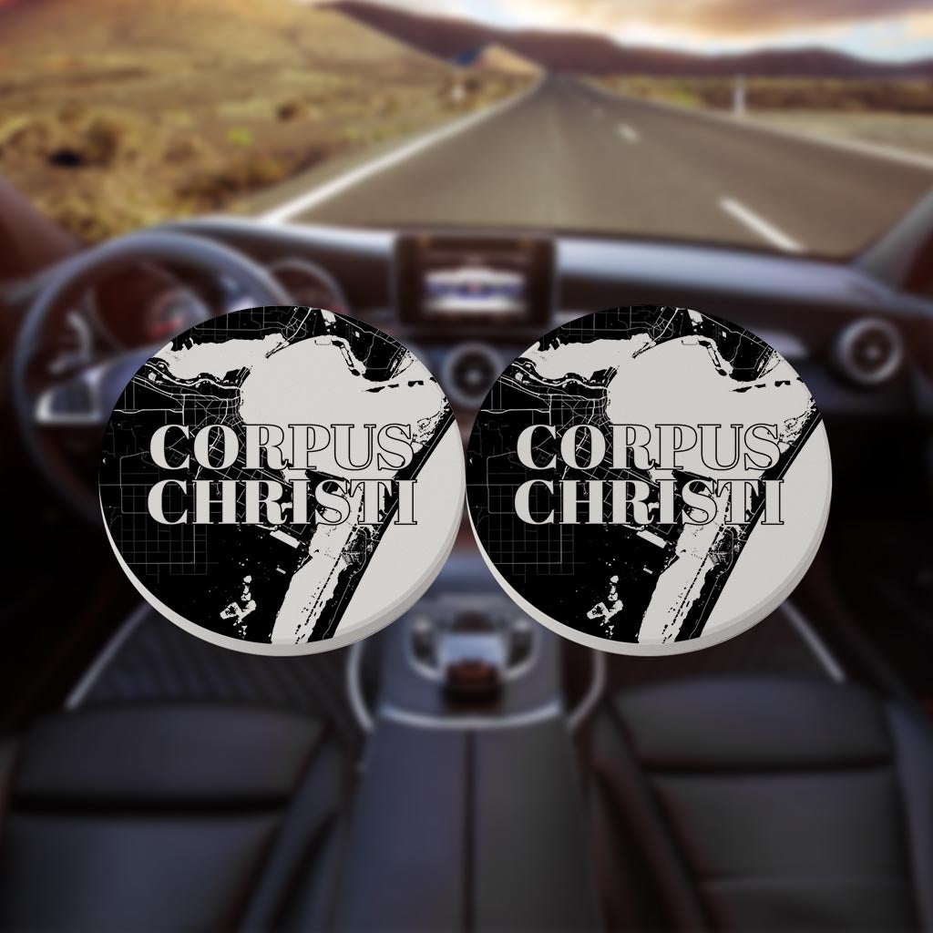 Minimalistic B&W Texas Corpus Christi Map | Absorbent Car Coasters | Set of 2 | Min 4