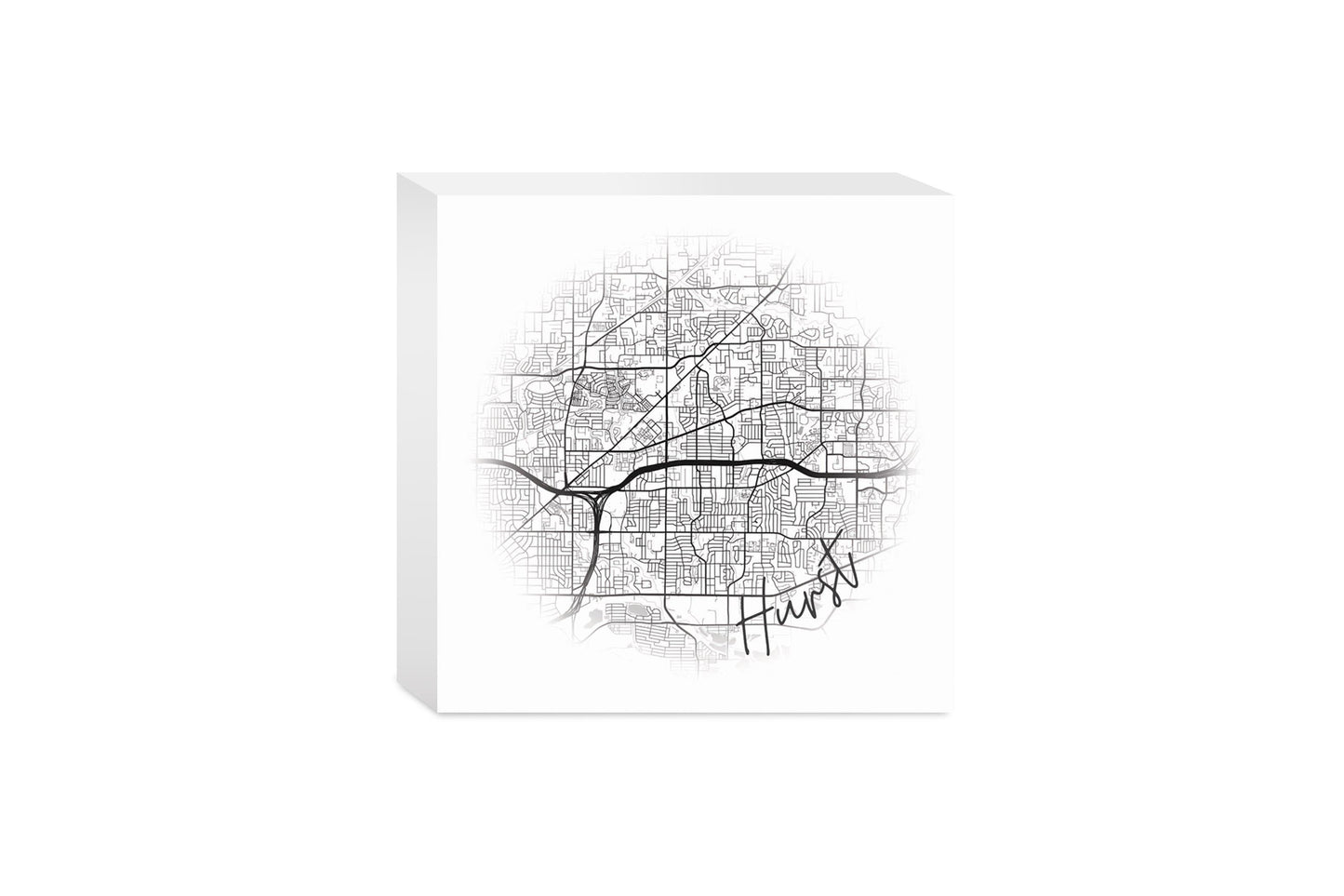 Minimalistic B&W Texas Hurst Circle Map | Wood Block | Eaches | Min 4