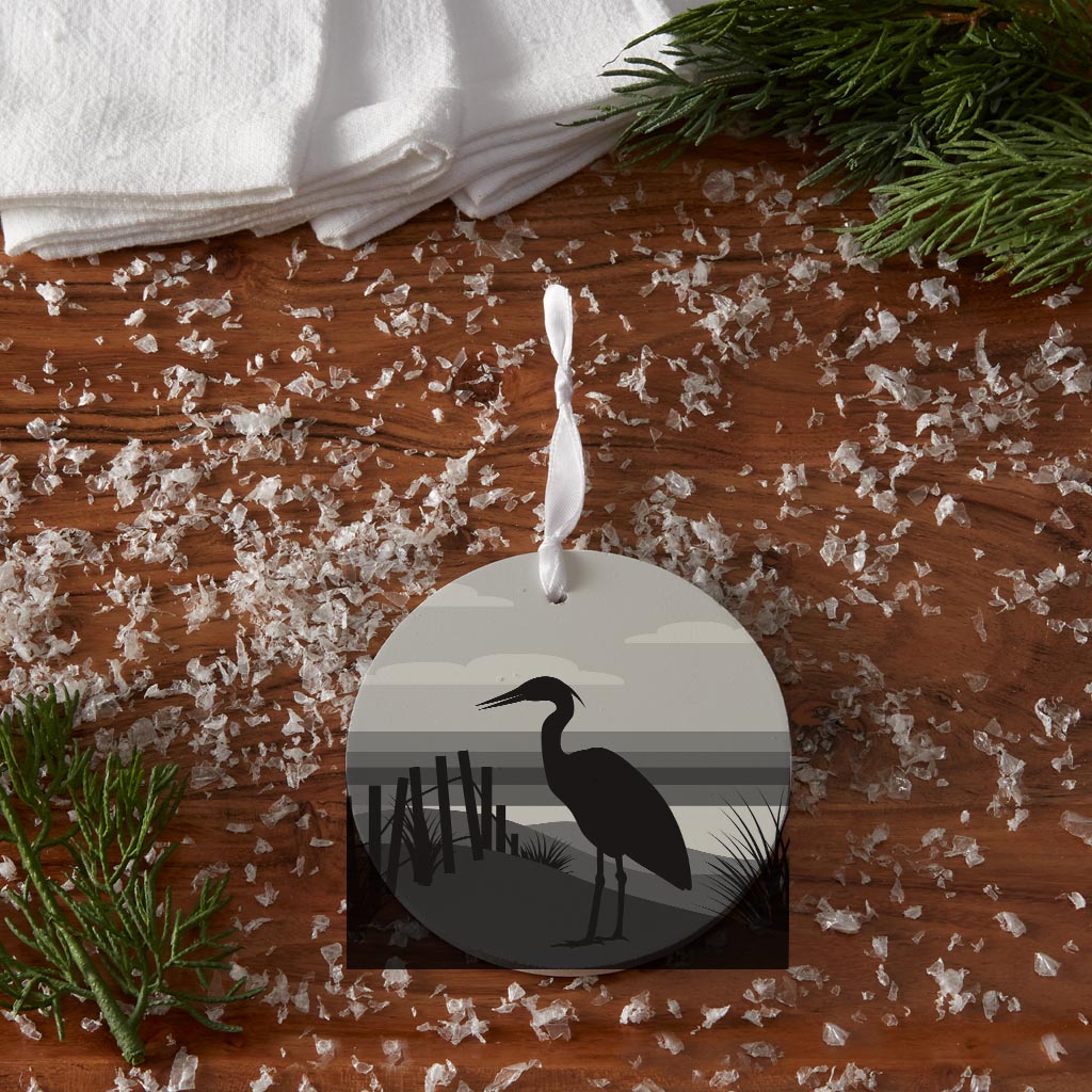 Minimalistic B&W Cape Cod Heron Illustration | Wood Ornament | Eaches | Min 6