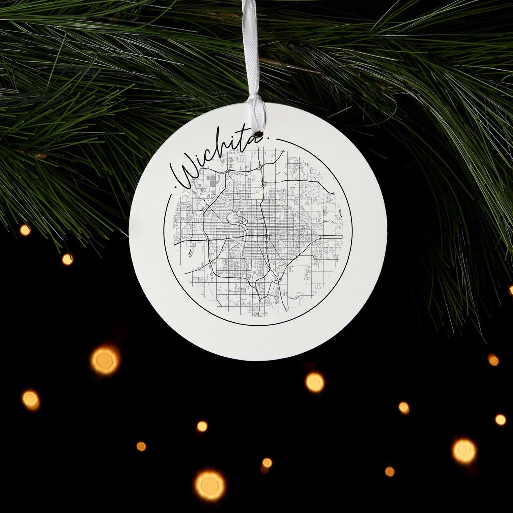 Minimalist B&W Kansas Wichita Circle Map | Wood Ornament | Eaches | Min 6