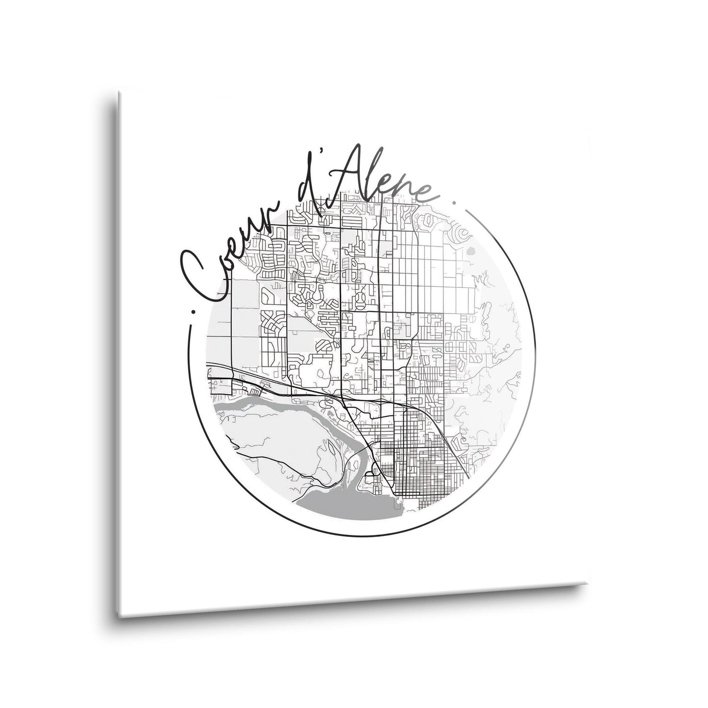 Minimalist B&W Idaho Coeur Dalene Circle Map | Hi-Def Glass Art | Eaches | Min 1