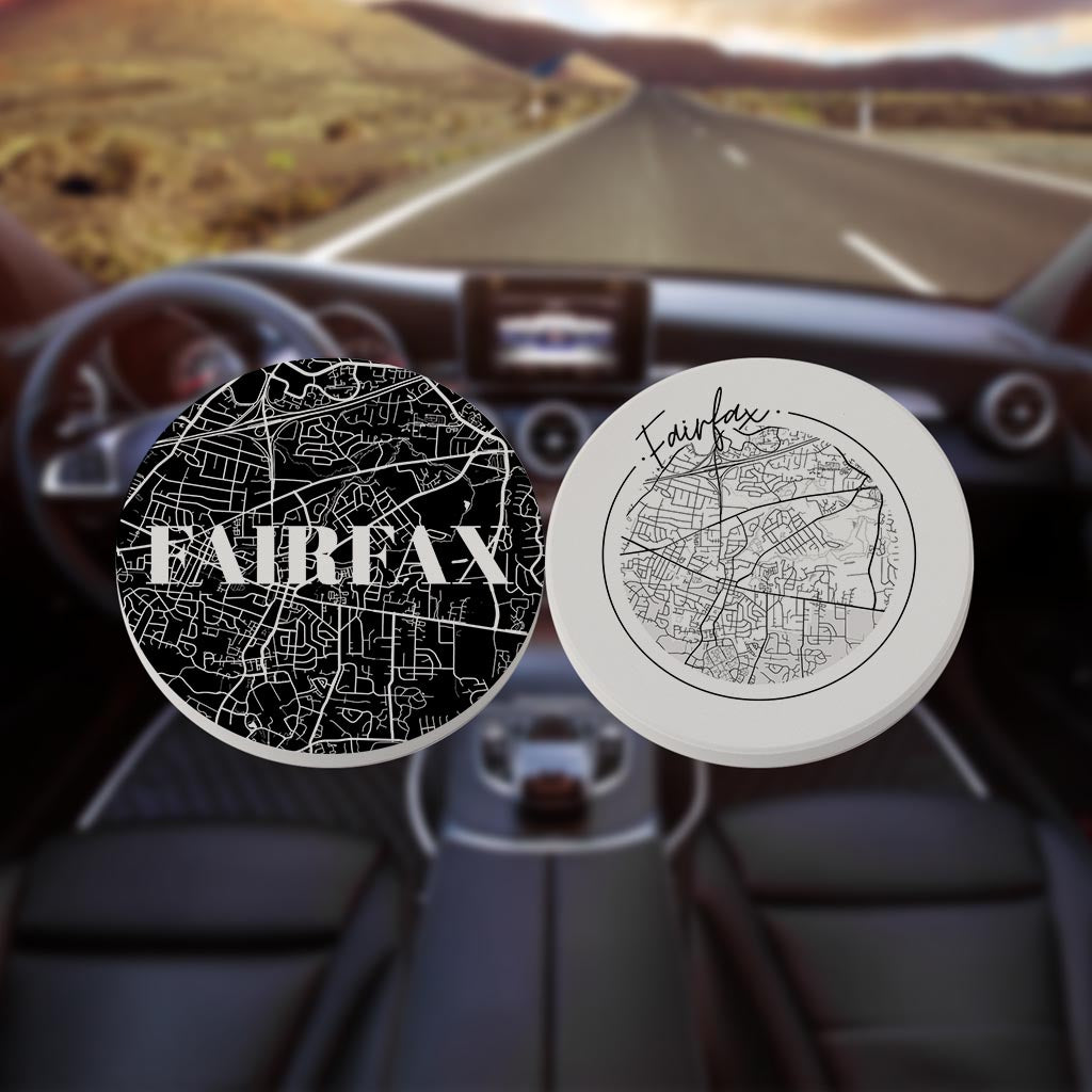 Minimalistic B&W Virginia Fairfax Maps | Absorbent Car Coasters | Set of 2 | Min 4