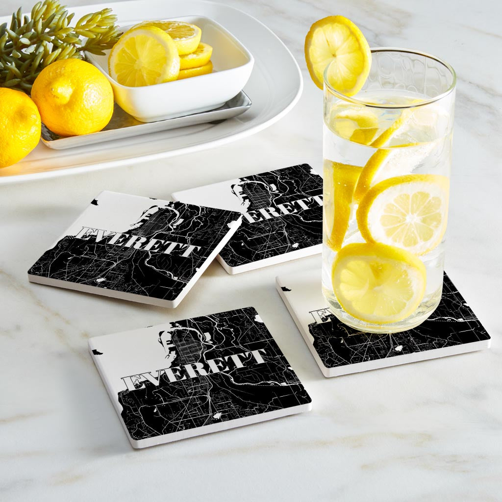 Minimalistic B&W Washington Everett Map | Absorbent Coasters | Set of 4 | Min 2