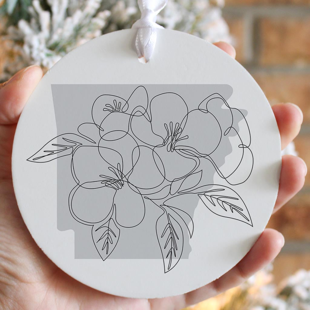 B&W Minimalist Arkansas Single Line Apple Blossoms | Wood Ornament | Eaches | Min 6