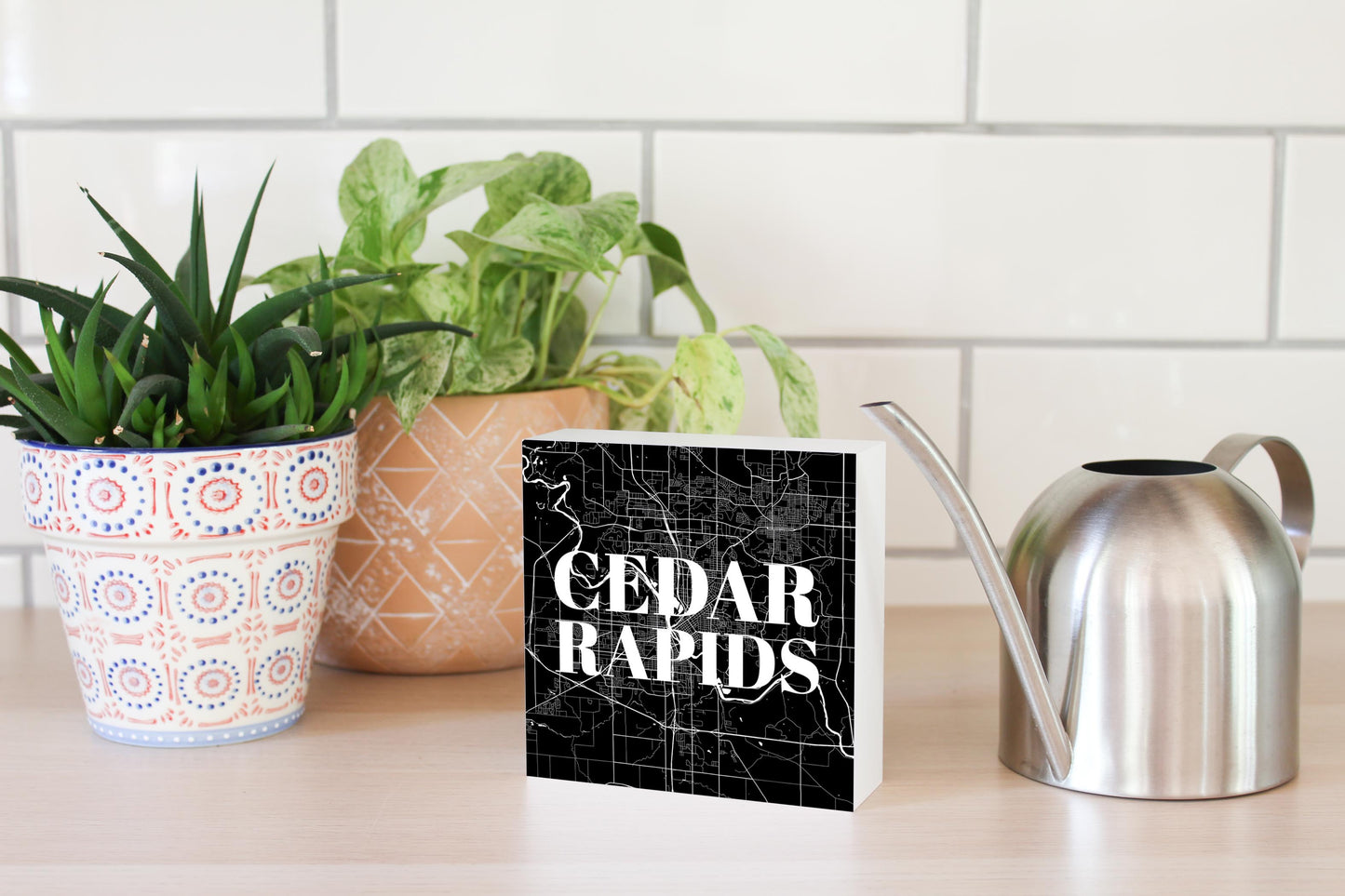 Minimalistic B&W Iowa Cedar Rapids Map | Wood Block | Eaches | Min 4