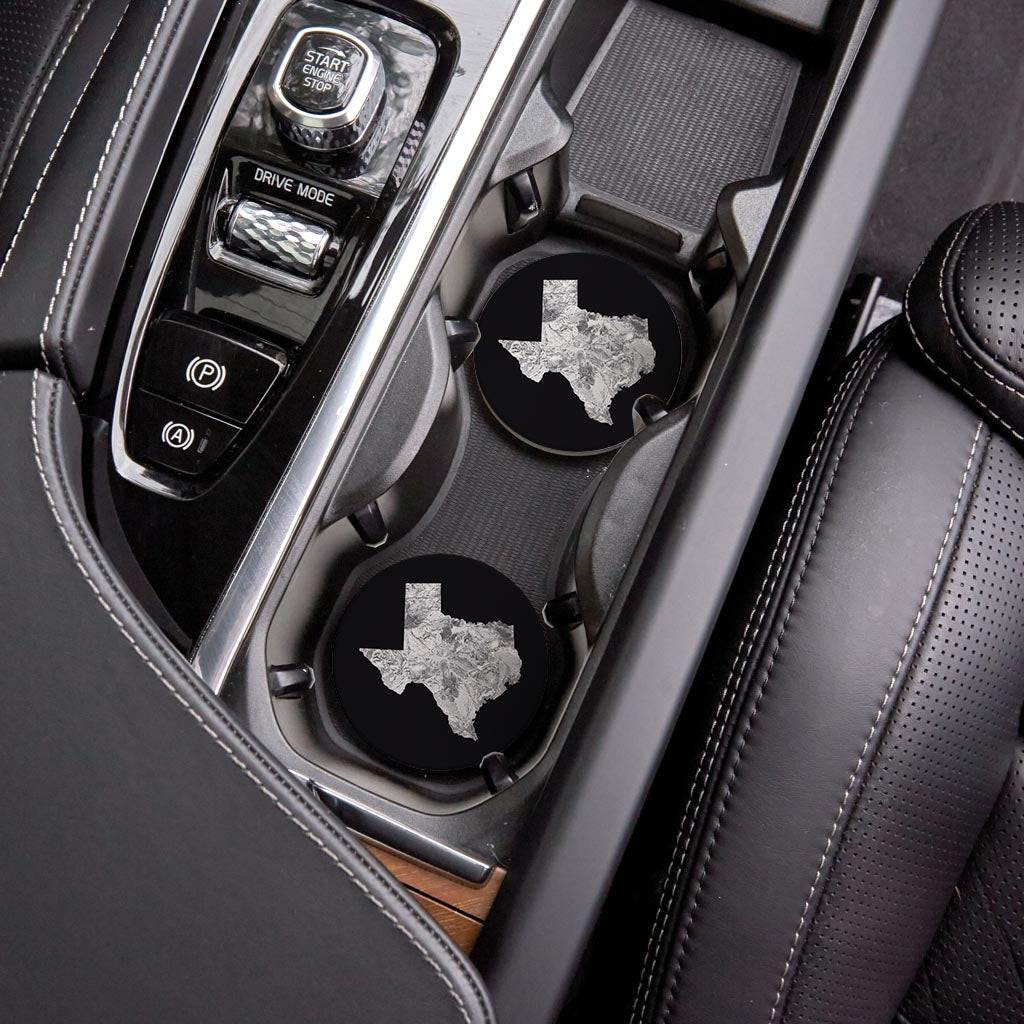 Minimalistic B&W Texas Metal State Shape | Absorbent Car Coasters | Set of 2 | Min 4