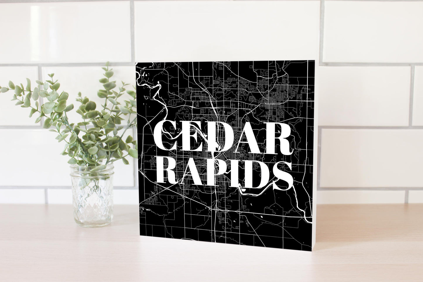 Minimalistic B&W Iowa Cedar Rapids Map | Wood Block | Eaches | Min 2