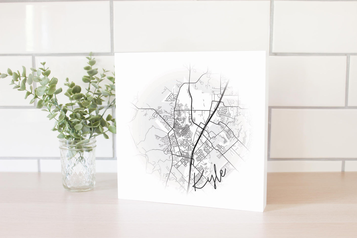 Minimalistic B&W Texas Kyle Circle Map | Wood Block | Eaches | Min 2