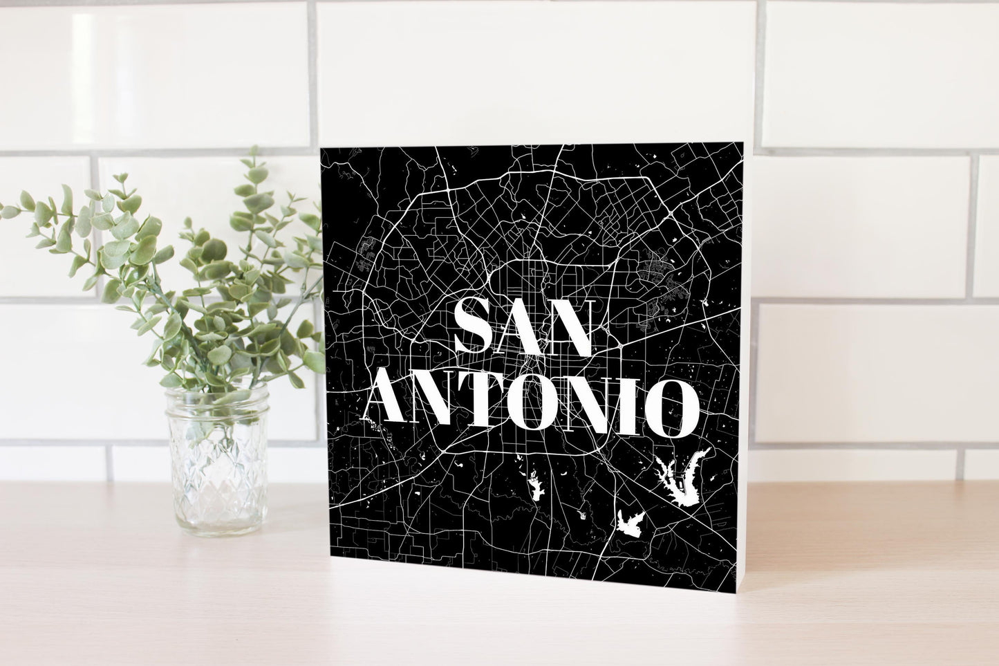 Minimalistic B&W Texas San Antonio Map | Wood Block | Eaches | Min 2