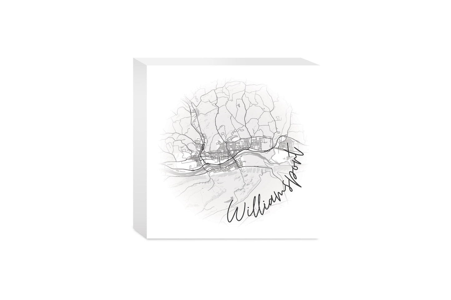 Minimalistic B&W Pennsylvania Williamsport Circle Map | Wood Block | Eaches | Min 4