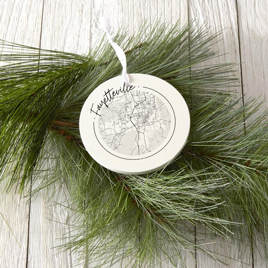 B&W Minimalist Arkansas Fayetteville Circle Map | Wood Ornament | Eaches | Min 6