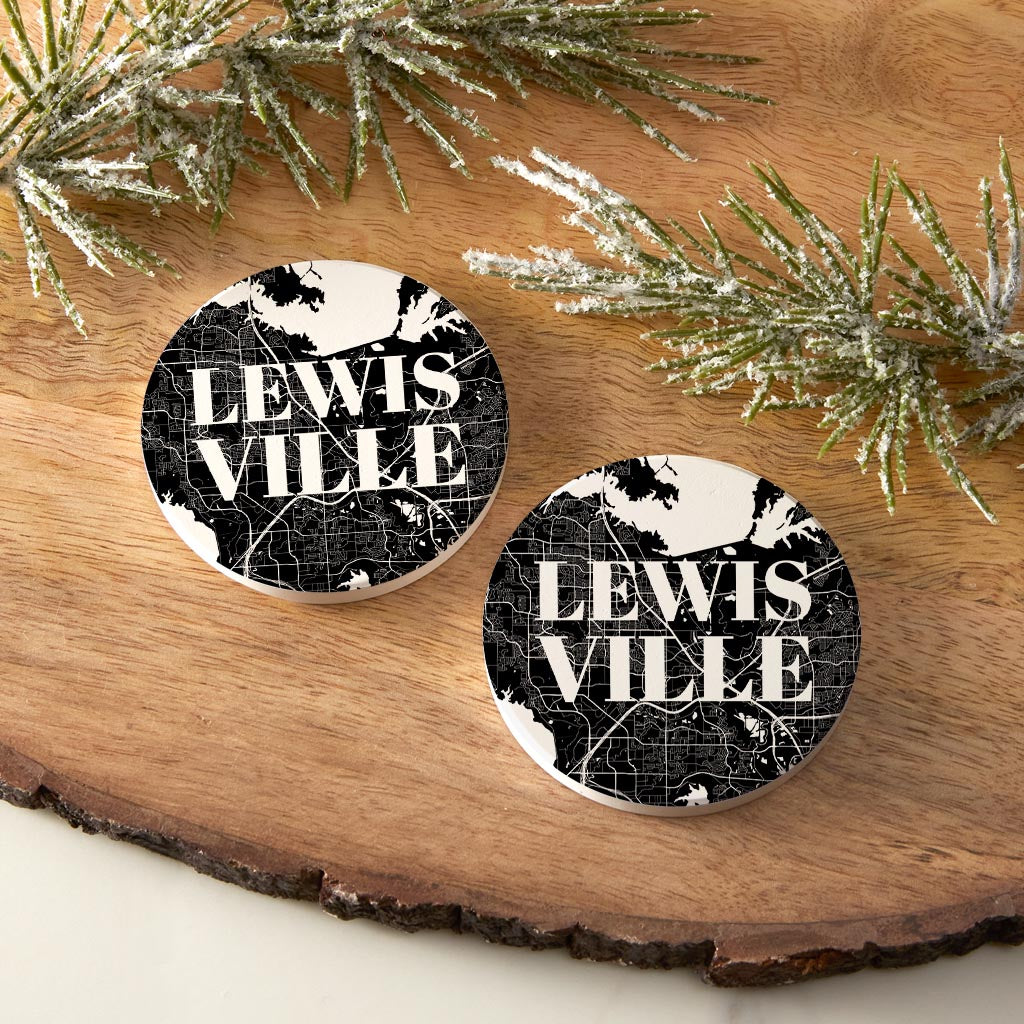Minimalistic B&W Texas Lewisville Map | Absorbent Car Coasters | Set of 2 | Min 4