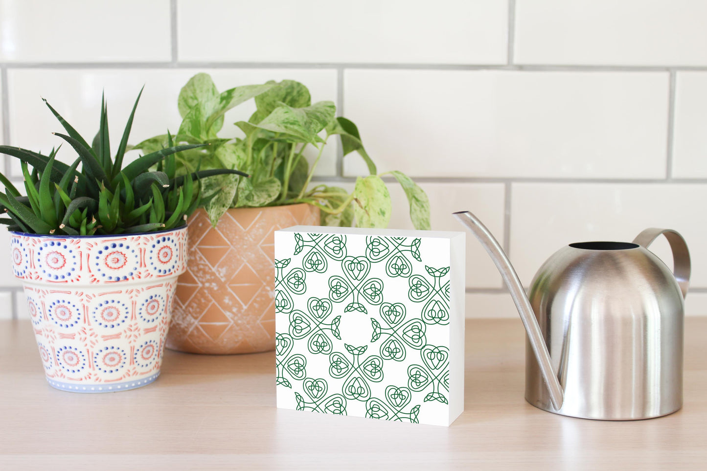 White Green Shamrock Pattern | Wood Block | Eaches | Min 4