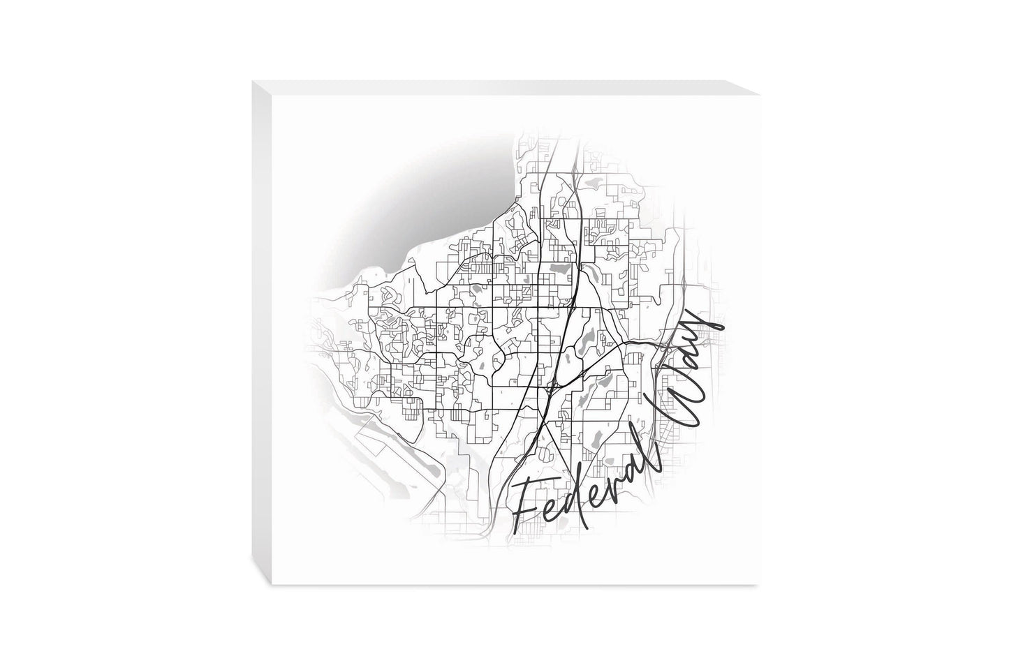 Minimalistic B&W Washington Federal Way Circle Map | Wood Block | Eaches | Min 2