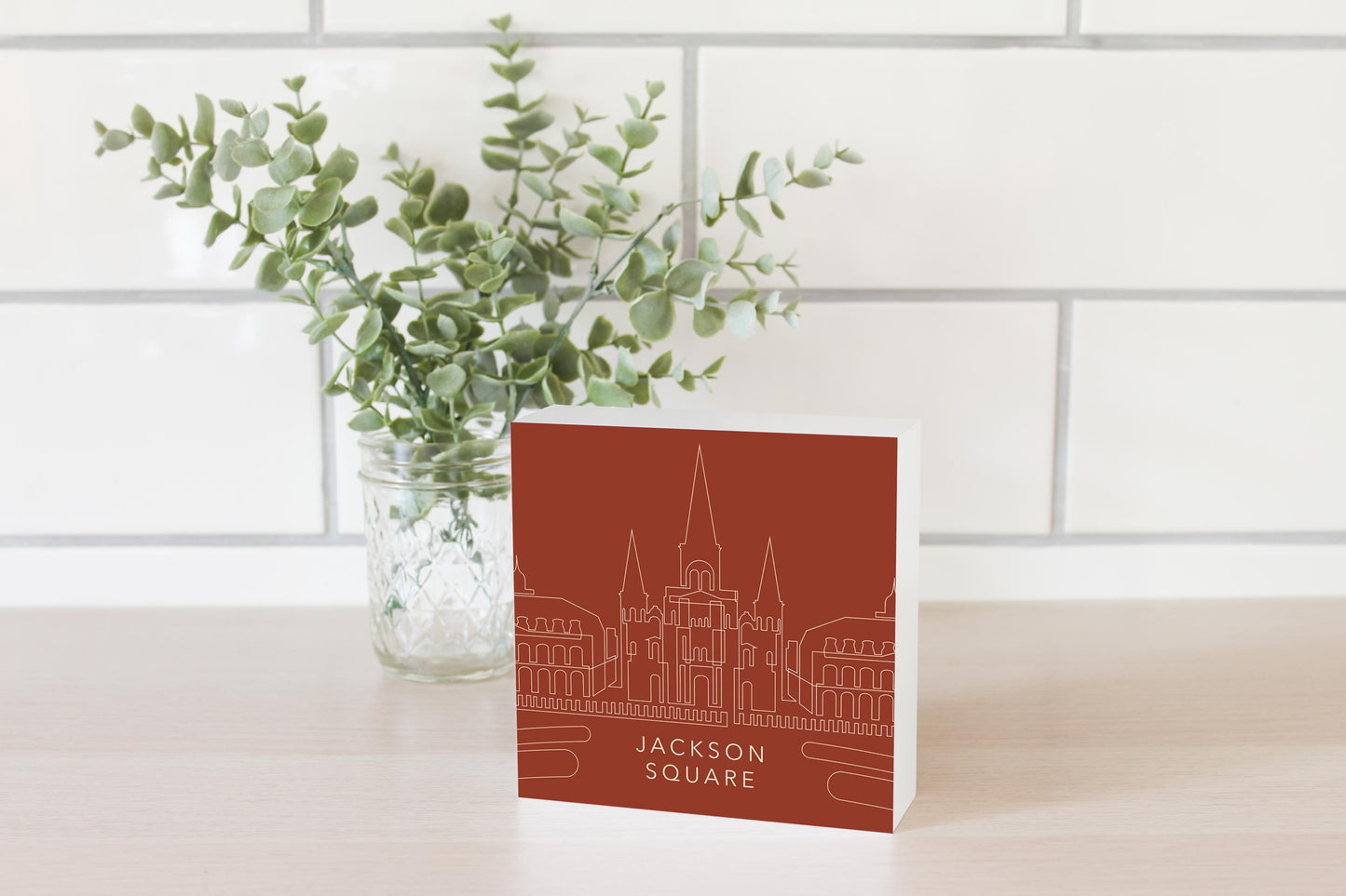 Modern Minimalist Louisiana Jackson Square Line Drawing | Wood Block | Eaches | Min 4